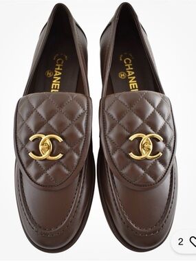 CHANEL Brown Quilted Leather Slip-On Loafers with Gold CC Emblem